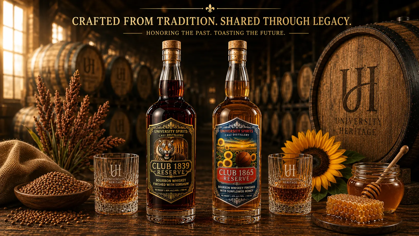 Club 1839 and Club 1865 Reserve bottles in the CALI Distillery rickhouse